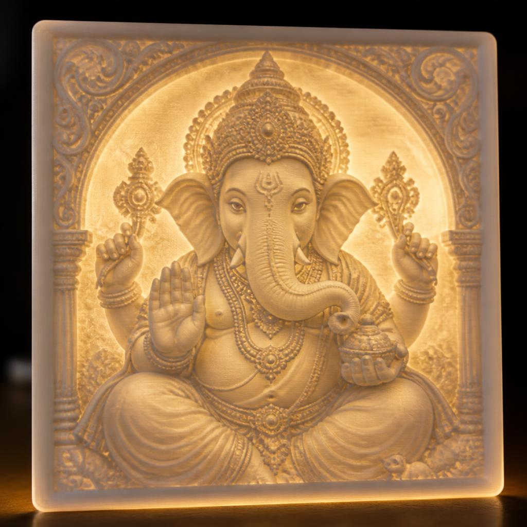 Close-up of the layered lithophane detail glowing warmly